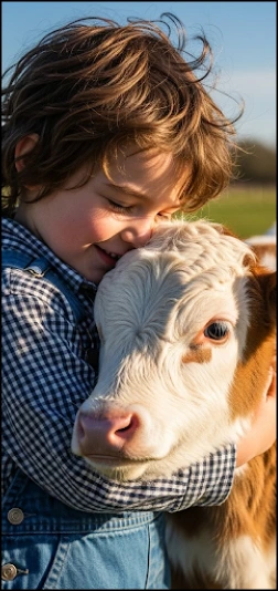 Child embracing a young calf at Nature's Home