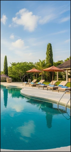 Serene poolside lounge with umbrellas at Nature's Home